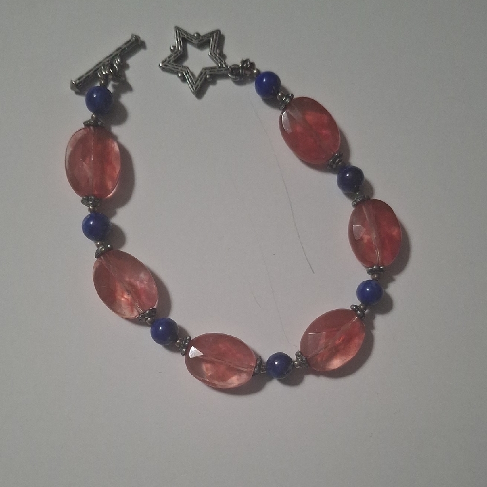Pretty Faceted Cherry Quartz With Lapis Lazuli With Toggle Clasp